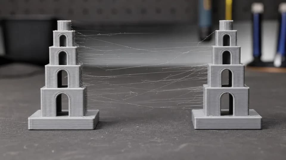 Illustrative 3D print test towers with wispy strings between them