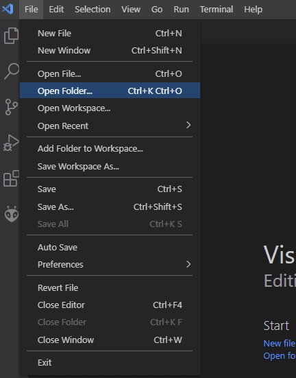 vs code file open fodler