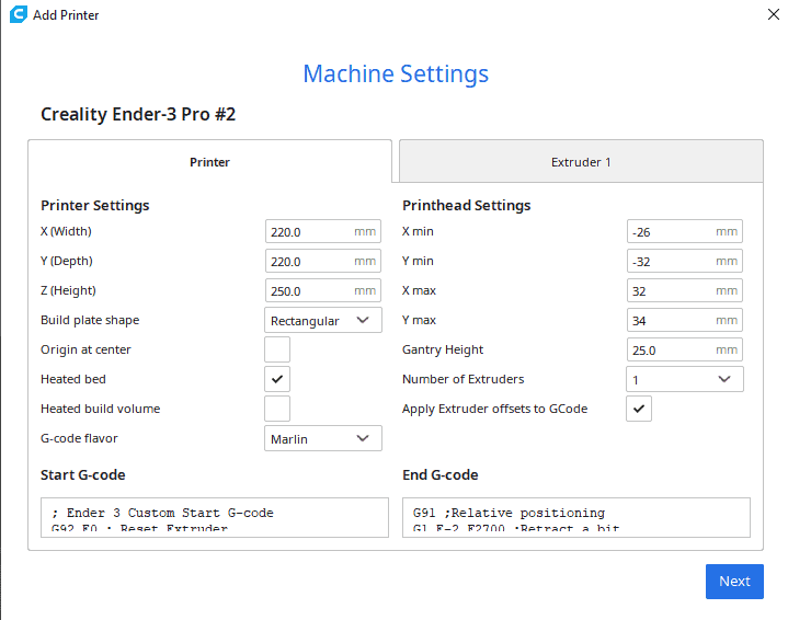 cura machine settings