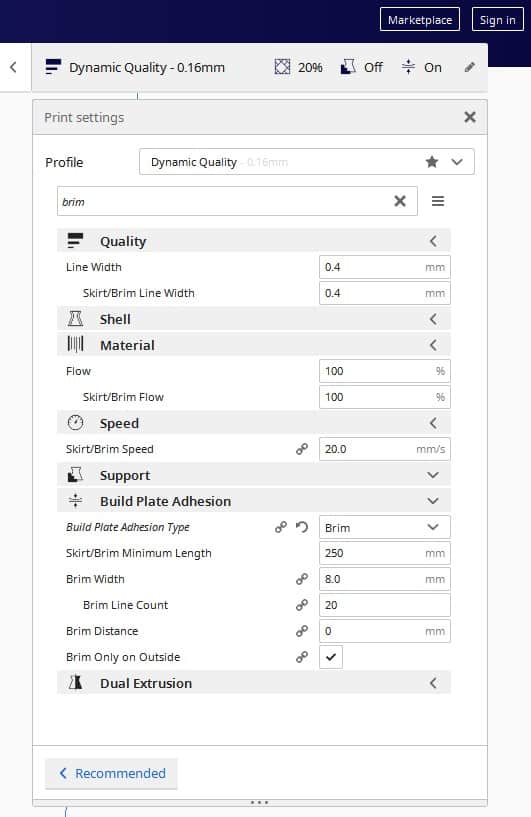 Cura Brim Setting Values