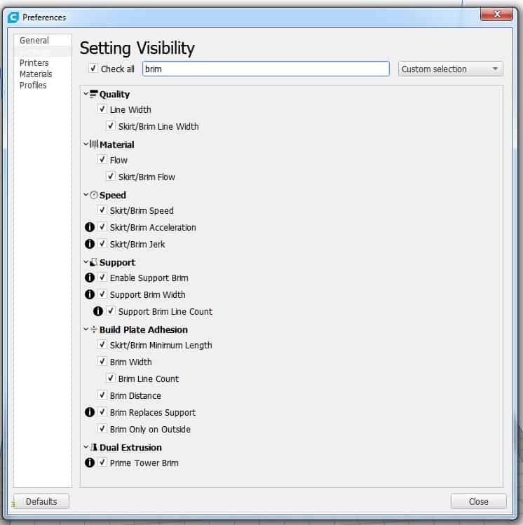 Cura Brim Settings Checked