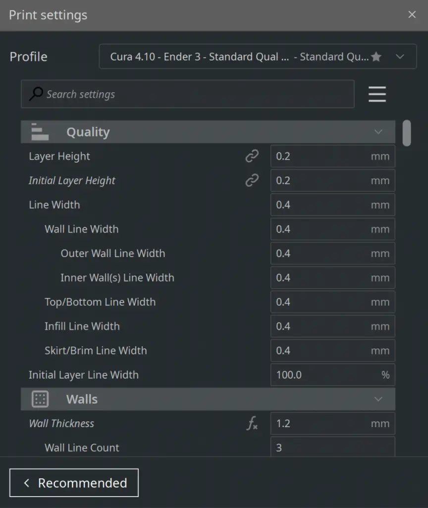 Cura Settings Menu