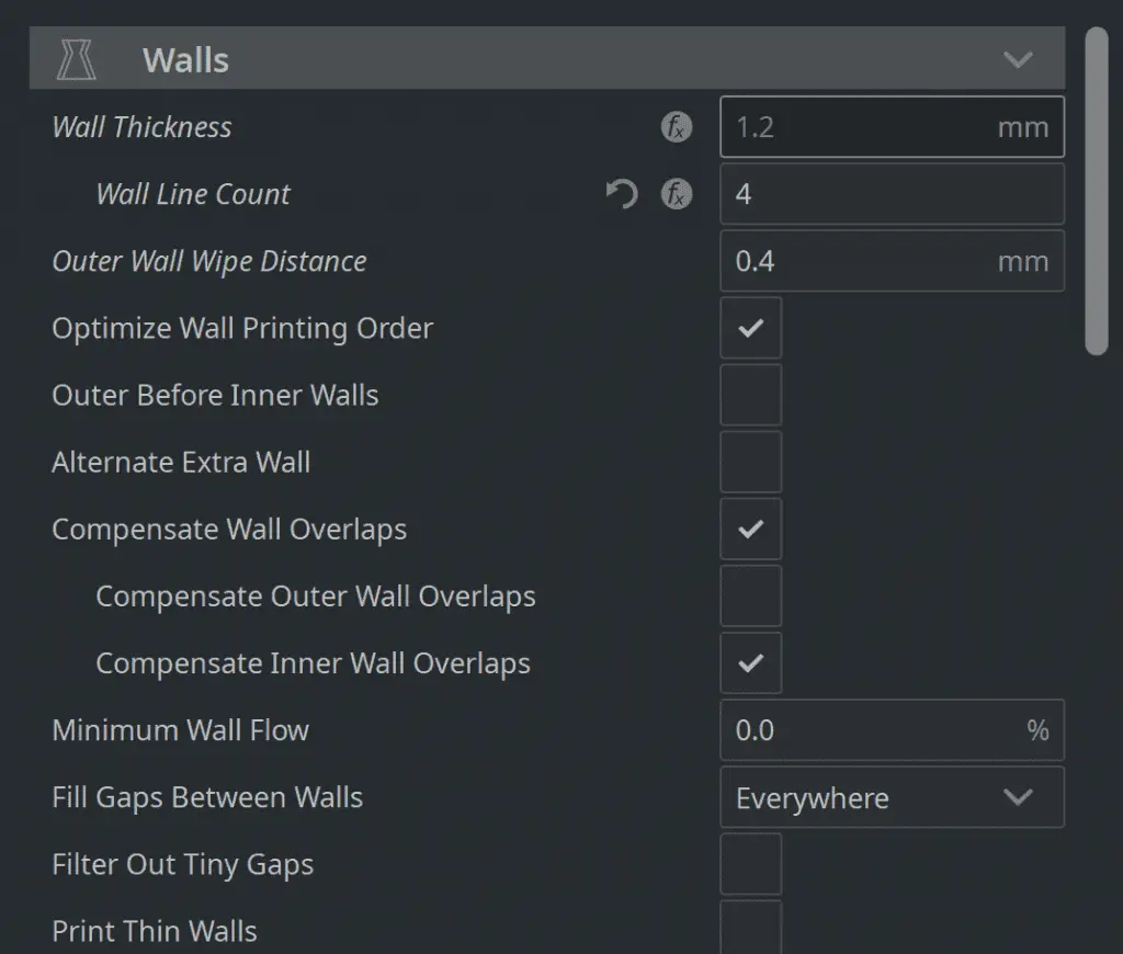 Cura wall thickness menu