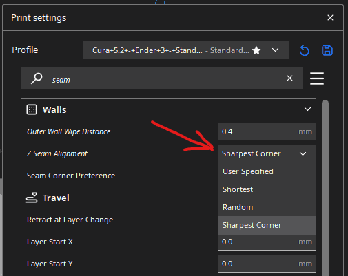 cura z seam alignment options