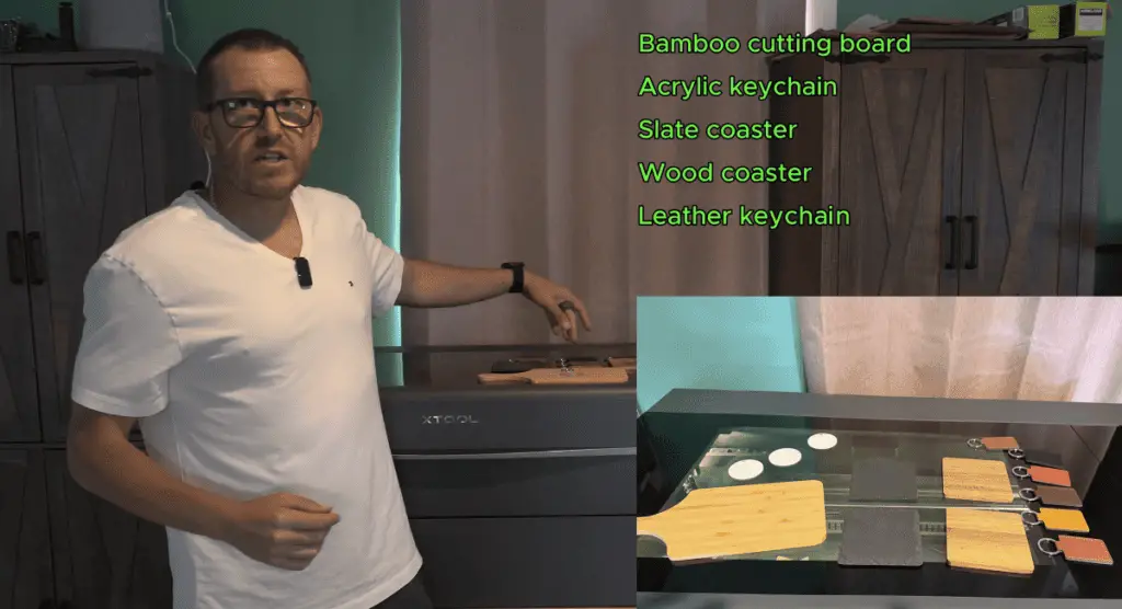 Just got an xTool P2? Start here. Rob walks through 5 beginner laser engraving projects — wood coaster, leather keychain, slate coaster, acrylic keychain, and bamboo cutting board — with every setting included.